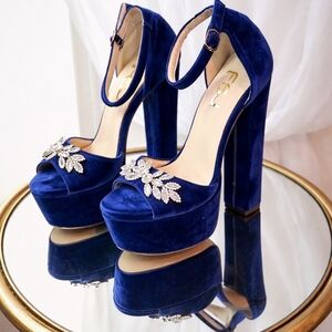 FSJ Royal Blue Velvet Platform Heels